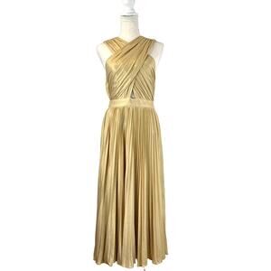 Anthropologie Pleated Halter Midi Dress Gold Verb by Pallavi Singhee Metallic